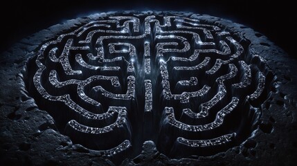 Fototapete - Intricate labyrinth carved into a brain shape reveals complex pathways of human cognition against a dark backdrop, inviting exploration. Generative AI
