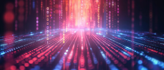 Binary code streams in vibrant pink and blue, a digital data visualization.