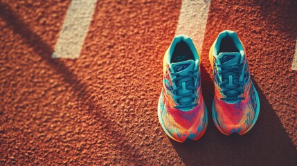 Poster - Vibrant running shoes rest on a track, showcasing their striking colors against the orange surface, perfect for athletic promotion or inspiration. Generative AI
