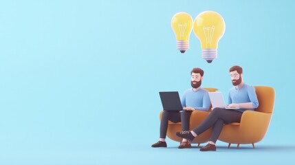 Wall Mural - Two men sit on a couch with a laptop, surrounded by light bulbs, symbolizing creativity and brainstorming in a modern, minimalist setting.