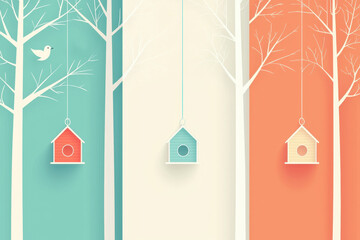 Whimsical birdhouses in pastel tree backdrop digital illustration nature calm environment aesthetic viewpoint charming design for home decor