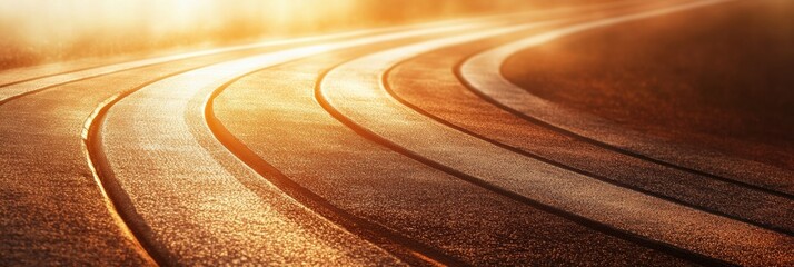 Aufkleber - Curved running track stretches toward the horizon illuminated by soft golden light, offering a serene backdrop with plenty of space for text. Generative AI