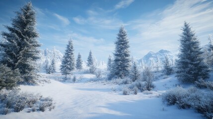 Wall Mural - Snowy landscape with trees and mountains