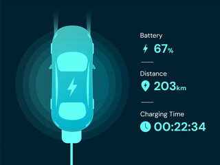 Electric Vehicle battery charging Dashboard Interface with Top view electric car charging battery vector design concept. EV charging design for Electric Car, EV station, ui, clean energy, website.