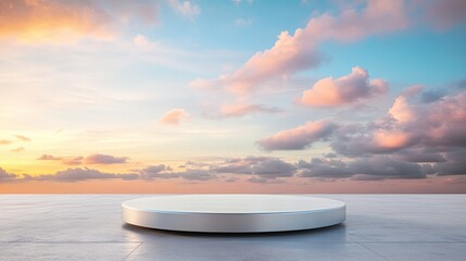 Wall Mural - minimalist silver podium for product display set against a gradient sky with sunset clouds in warm t