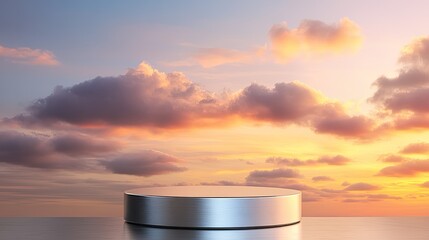 Wall Mural - minimalist silver podium for product display set against a gradient sky with sunset clouds in warm t