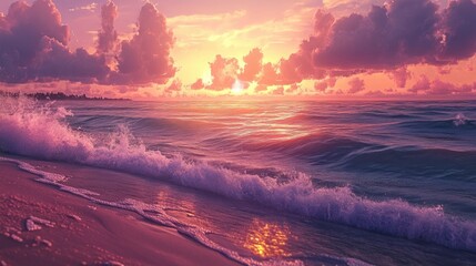 Wall Mural - warm evening glow over gentle waves reaching the shore with a soft, smooth sand beach under a vibran