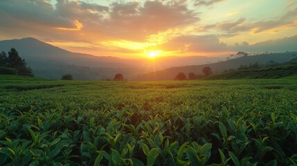 Leinwandbilder - Lush green tea leaves stretch across the landscape under a vibrant sunset. Mountains silhouette against the colorful sky, creating a serene atmosphere in this tranquil setting.