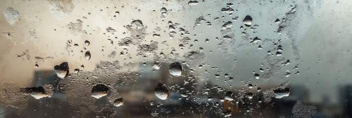 Poster - Raindrops collect on a window, offering a view of a deserted street under overcast skies with space for additional text. Generative AI