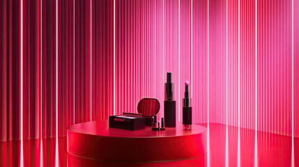 Wall Mural - Luxury tech setup with cosmetics on a glossy red podium, enhanced by neon lighting in vibrant, minimalist empty space