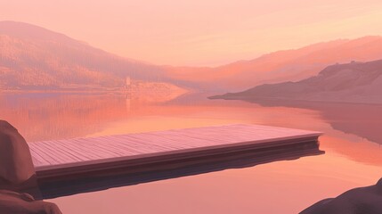 Wall Mural - serene lake platform at sunrise, nestled in a mountain landscape, reflecting the morning colors on i