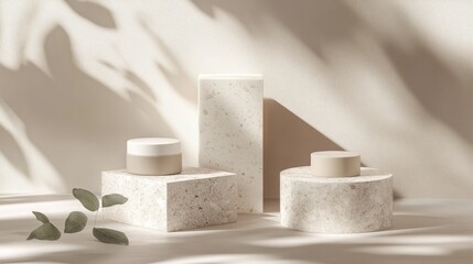 Wall Mural - Stone podium against soft beige with natural leaf shadows, creating a minimalist setting for products