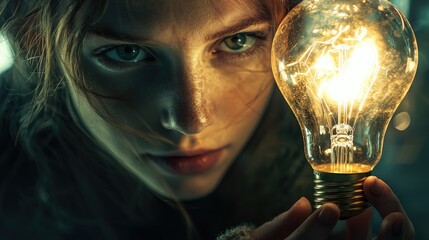 Aufkleber - The focus is on a woman grasping a light bulb, symbolizing ideas in internet connections and technology applications, set in a context reflecting digital commerce and inn