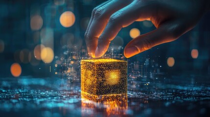 Aufkleber - The image focuses on a hand touching a block with Ideas etched on it, reflecting creativity and innovative spirit in the context of modern technology and communication.