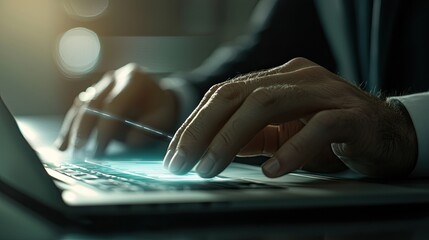 Aufkleber - The image captures a businessman working on a computer, interacting with a search bar while exploring data, highlighting the significance of online presence and informati