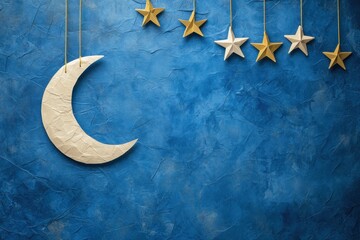 Poster - A tranquil holiday night captures the essence of dreams with a crafted moon and stars suspended over layered blue textures, perfect for storytelling. Generative AI