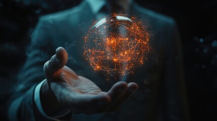 Aufkleber - A businessman is depicted holding elements symbolizing global connectivity, embodying big data analytics, business intelligence, and a digital landscape of interconnected