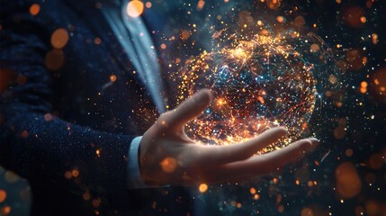 Aufkleber - A businessman is depicted holding elements symbolizing global connectivity, embodying big data analytics, business intelligence, and a digital landscape of interconnected
