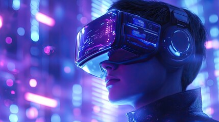 Leinwandbilder - Illustration of an individual immersed in virtual reality, exploring vast online data storage in a high-tech environment.