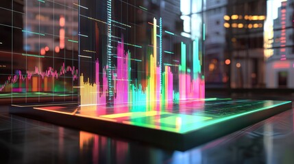 Leinwandbilder - This scene captures a vibrant hologram of stocks, representing financial progress, set against a modern urban background.