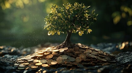 Aufkleber - The artwork features a vibrant tree sprouting from a pile of coins, representing both environmental sustainability and financial investment growth.