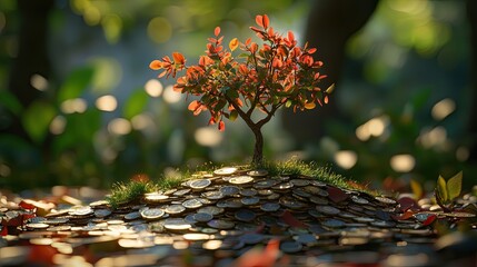 Aufkleber - The artwork features a vibrant tree sprouting from a pile of coins, representing both environmental sustainability and financial investment growth.