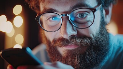 Poster - This close-up captures a man enthusiastically using his smartphone, where feedback indicators pop up, emphasizing customer service evaluation in business.