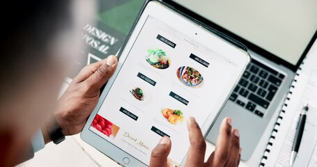 Aufkleber - Hands, tablet screen and customer experience for food delivery, order and ecommerce on mobile app. Person, technology and choice on restaurant menu with online, ux and scroll on website for nutrition