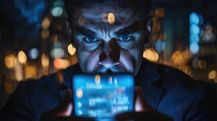 Aufkleber - An unhappy businessman is reflected on a smartphone screen, conveying dissatisfaction with poor service, represented by low ratings and negative reviews.