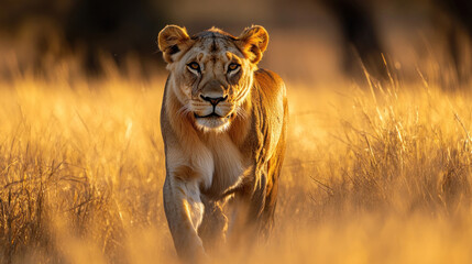  A pride of lions walking through tall golden grass in the early morning light