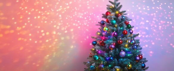 Wall Mural - A beautiful Christmas tree decorated with colorful ornaments, shimmering lights, and a bokeh background