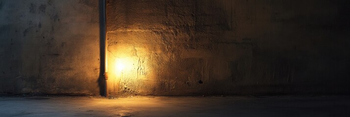 Fototapete - A solitary light source casts a warm glow in an otherwise dark, vacant room, suggesting themes of solitude, abandonment, and creativity. Generative AI