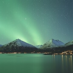 Wall Mural - Arctic Aurora Borealis over Snow-capped Mountains