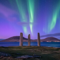 Wall Mural - Aurora Borealis over Standing Stones of the Hebrides