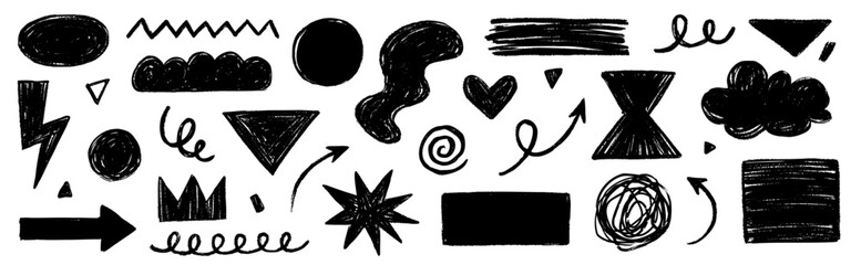 Poster - Pencil crayon brush line stroke. Brush crayon pencil chalk texture effect doodle shape. Vector hand drawn marker stroke background set of abstract design graphic figure. Vector illustration