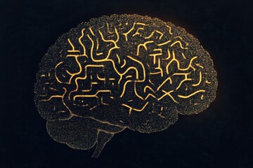 Fototapete - A brain structure intricately shaped like a labyrinth, featuring illuminated pathways against a black backdrop, perfect for adding text. Generative AI