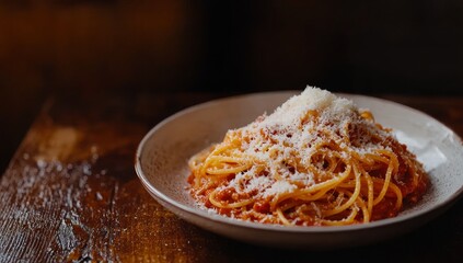 Sticker - Delicious spaghetti with tomato sauce and parmesan cheese on a rustic wooden table.