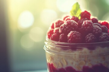 Sticker - Raspberries and Oatmeal in Glass Bowl