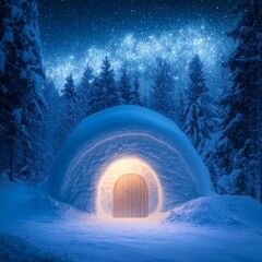 Wall Mural - Snow Cave Entrance in Winter Night Forest