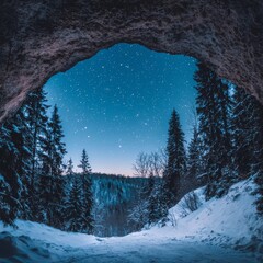 Wall Mural - Winter Night Sky Seen From Cave Entrance