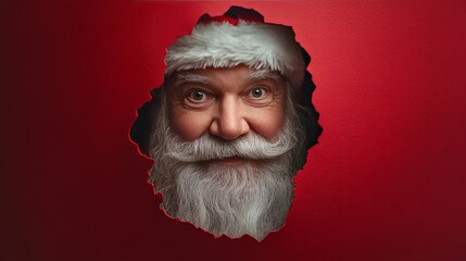 Wall Mural - Santa Clause peeking through a paper hole christmas advertisement concept. New Year concept 