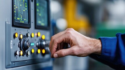 Close-up of a hand operating an industrial control panel with buttons and screens.