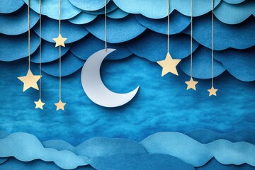 Poster - A playful display shows a paper-crafted moon and stars hanging delicately from strings, creating a whimsical night atmosphere in blue tones. Generative AI