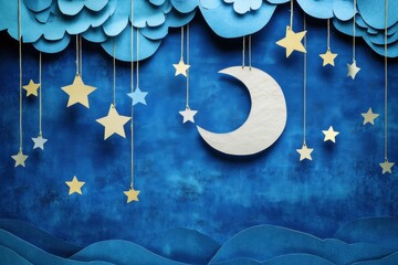 Poster - Crafted from paper, a moon and stars hang gracefully above layered blue textures, creating a whimsical atmosphere perfect for holidays. Generative AI