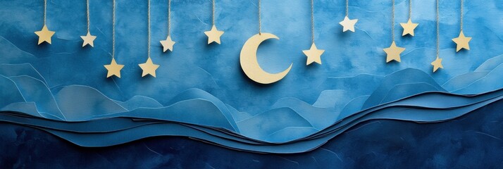 Poster - Hanging paper moon and stars create a whimsical holiday atmosphere against soothing blue textures, ideal for festive invitations or artwork. Generative AI