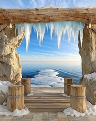 Wall Mural - a scenic view from an icy cave with hanging icicles, leading to a frozen sea under a clear sky, crea