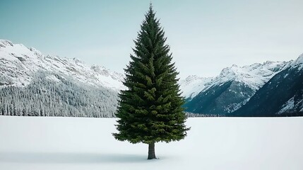Wall Mural - a solitary evergreen tree stands amidst a snowy landscape, surrounded by majestic mountains under a 