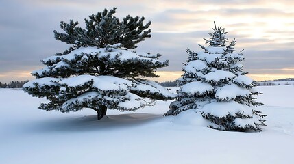 Wall Mural - Two snow-covered pine trees stand in a serene winter landscape under a soft, cloudy sky at dusk. wall pictures winter time