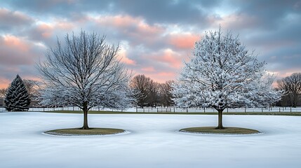 Wall Mural - winter landscape featuring two snow-covered trees against a colorful sky at dusk, creating a serene 
