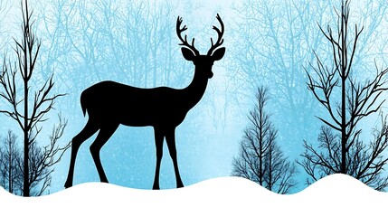 Wall Mural - silhouetted deer stands in a snowy landscape against a wintry blue background, surrounded by frosted